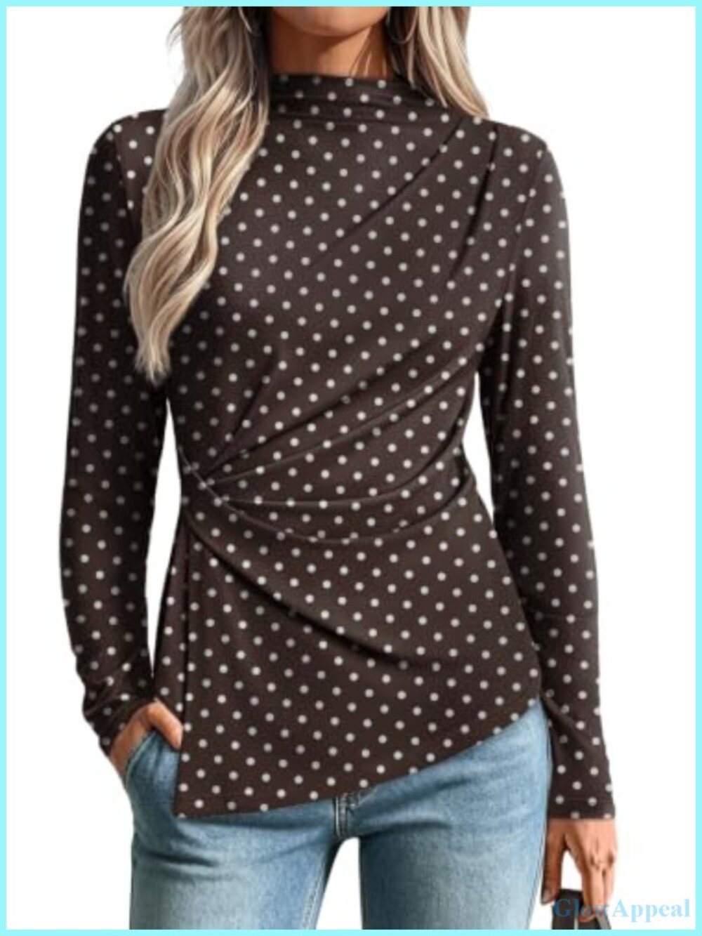 Mock Neck Peplum Blouse Long Sleeve Ruched Waist Business Casual Top
